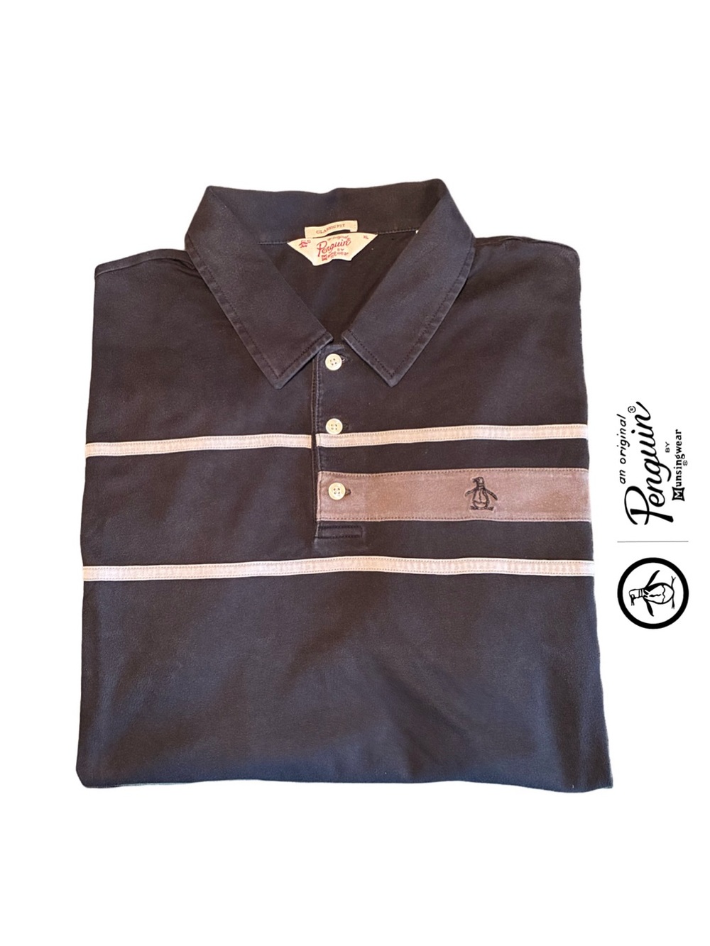 Original Penguin Mens Black Polo with Light Gray Stripe Accents
